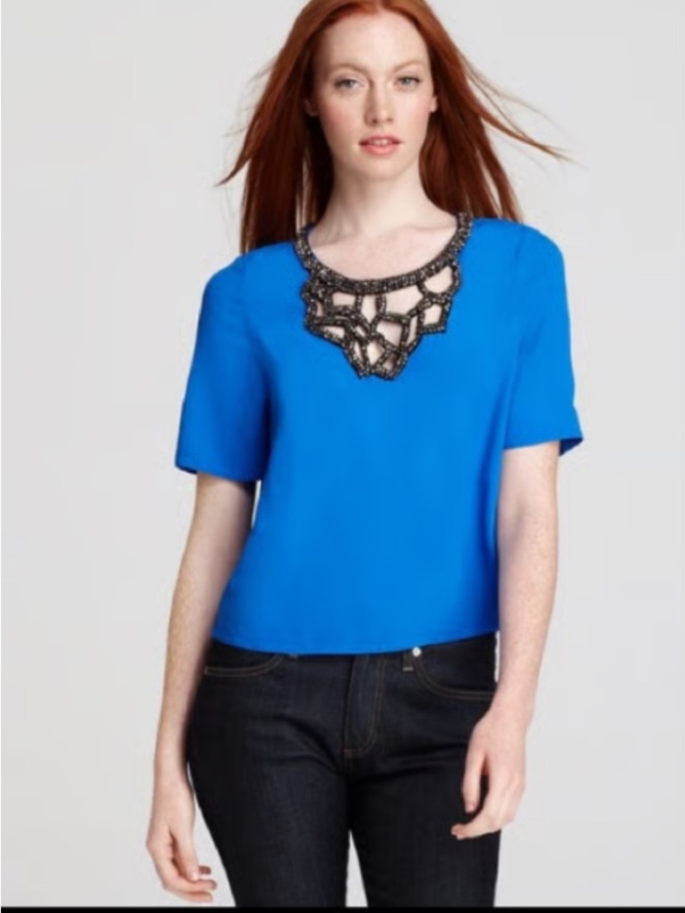 Plenty Tracy Reese Blue Silky Top with Beaded Neckline Size S